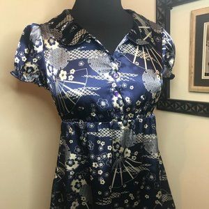 Forever 21 Silky Cream & Navy Button Down Short Sleeve Blouse with Empire Waist